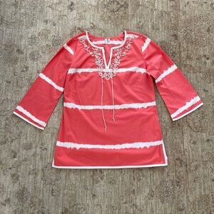 Cotton Tunic by Madison with Beading Detail, Size S.  Coral color.